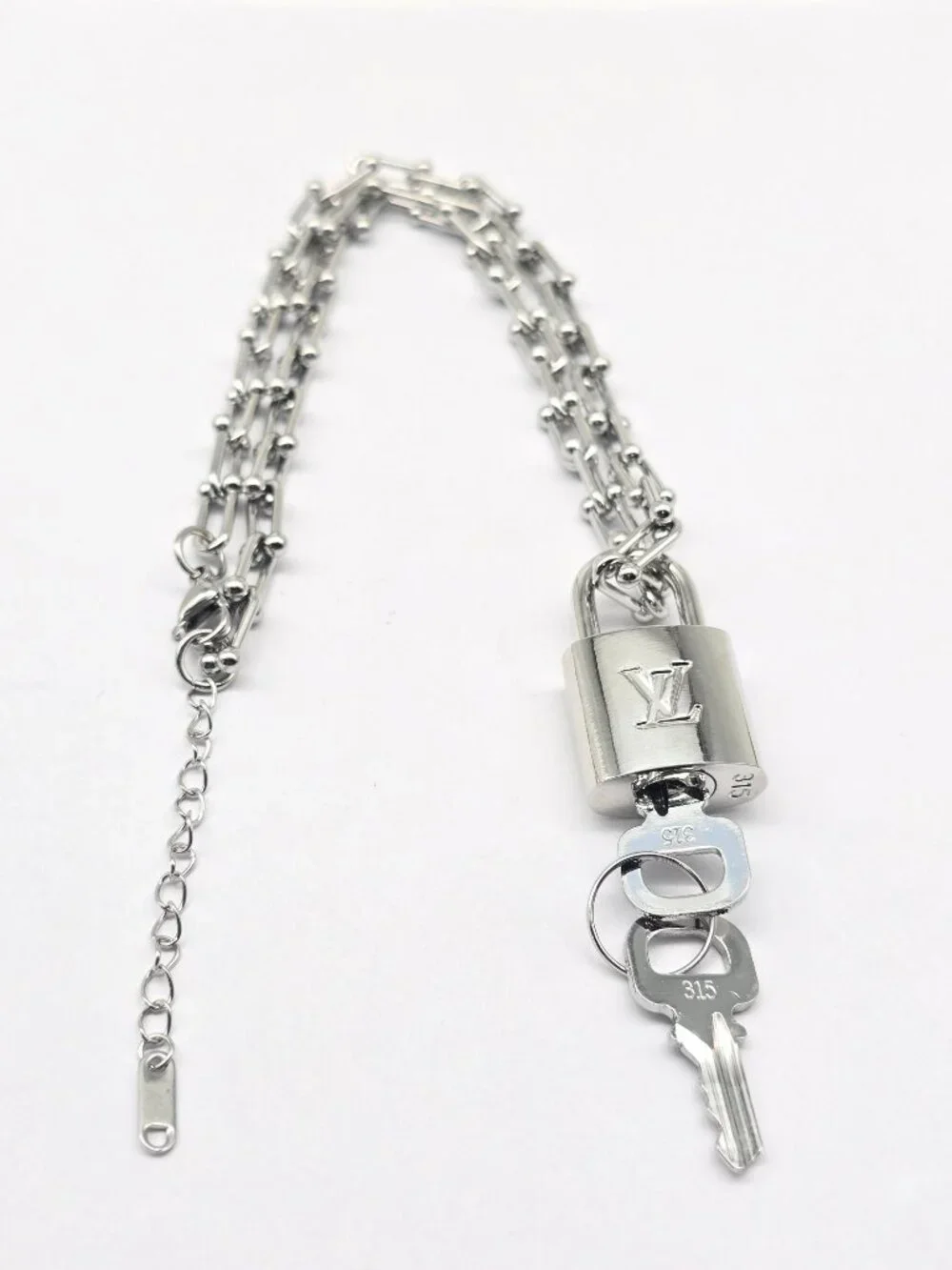 Stainless Steel Horse Shoe Chain with Authentic Louis Vuitton Silver Padlock
